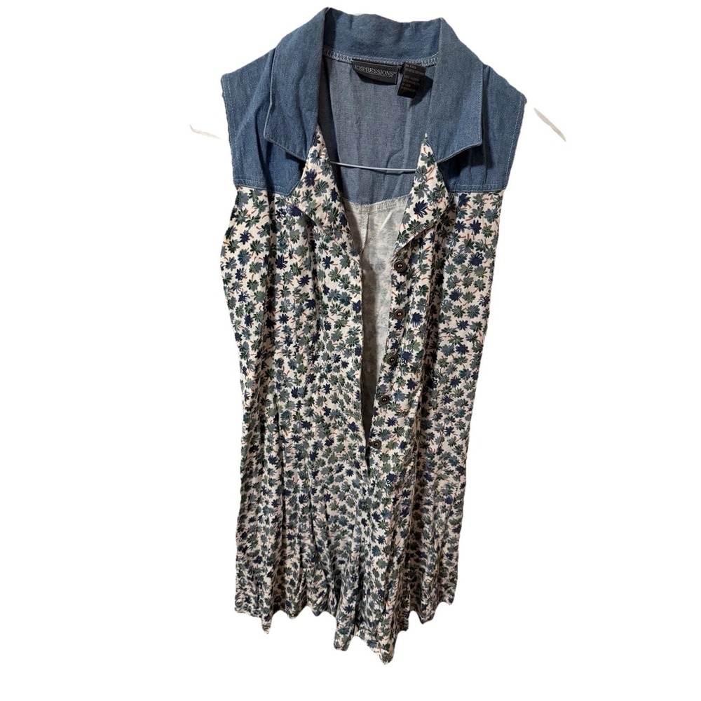 vintage Expressions blue denim and floral sleeveless button-up shirt dress